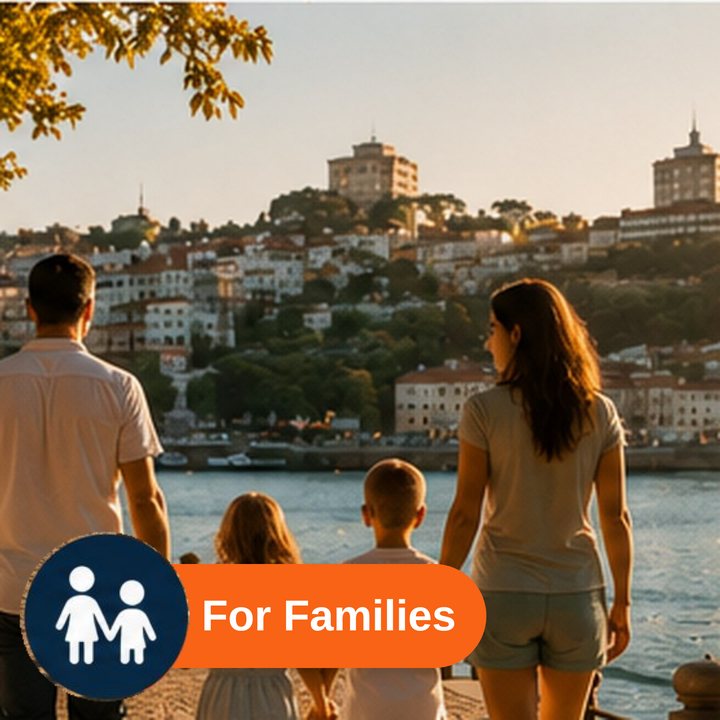 A family walking hand in hand along the riverside, family activities in Porto