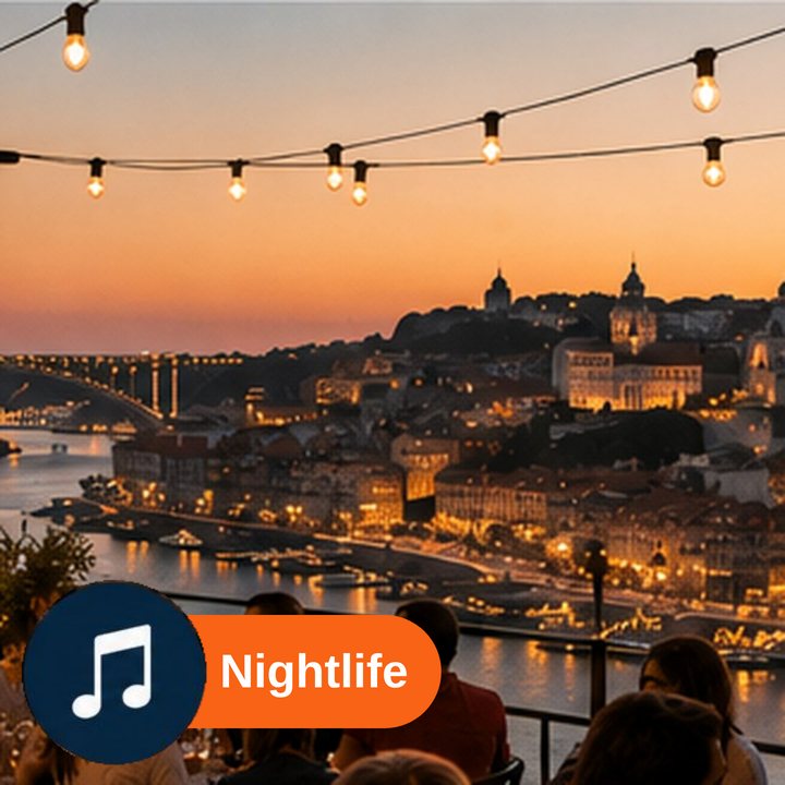 A rooftop bar overlooking the city at dusk, nightlife in Porto